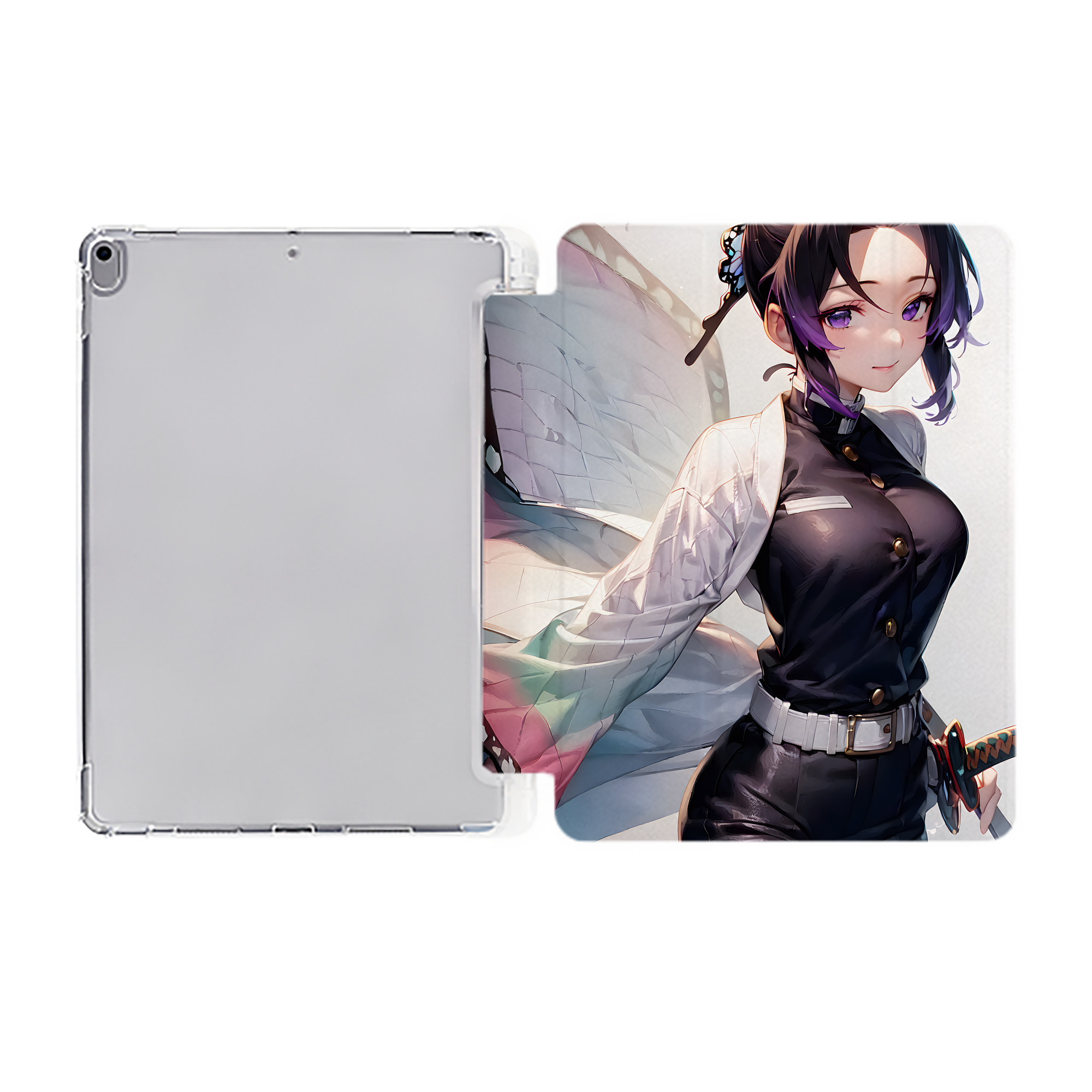 （画像用） 鬼滅の刃（きめつのやいば）蟲柱-胡蝶 しのぶ／こちょう しのぶ Kochou Shinobu IPad ケース ペン収納付き 三つ折りスタンド PUレザー×シリコン 対応機種9.5/10.5/10.9インチ